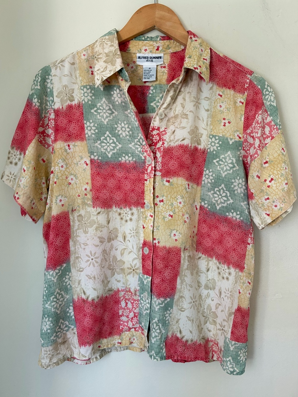 Alfred Dunner Petite Y2K Patchwork Floral Linen Blend Button Down Shirt Pink 8P